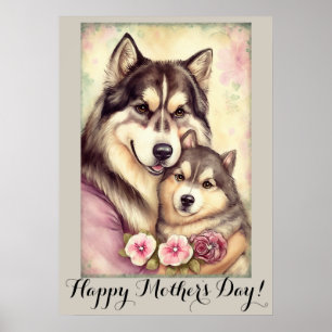 Affiche Fête des mères mignonne Alaskan Malamute Chien Mam