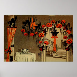 Affiche Fête d'Halloween Citrouille Lanterne Jack Chat Noi
