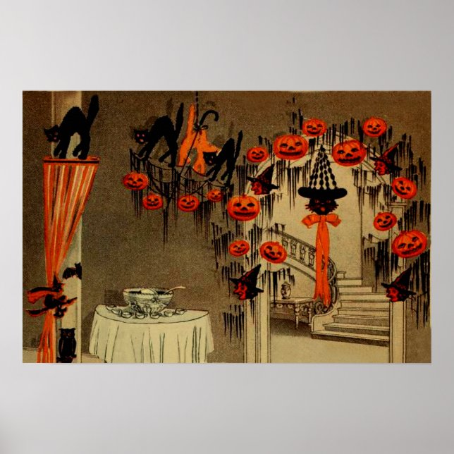 Affiche Fête d'Halloween Citrouille Lanterne Jack Chat Noi (Devant)