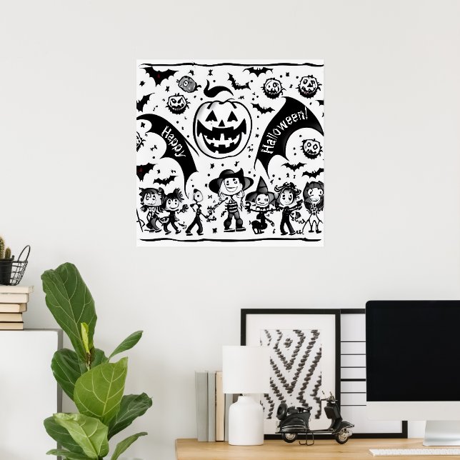 Affiche Fête d'Halloween en noir et blanc  (Bureau à domicile)