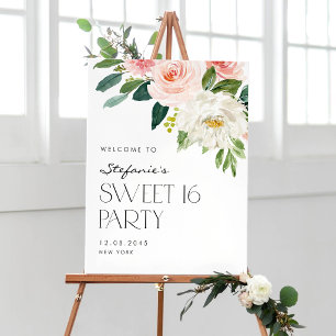 Affiche Fête Douce 16 Ans Jardin Fleurs Roses et Blanches