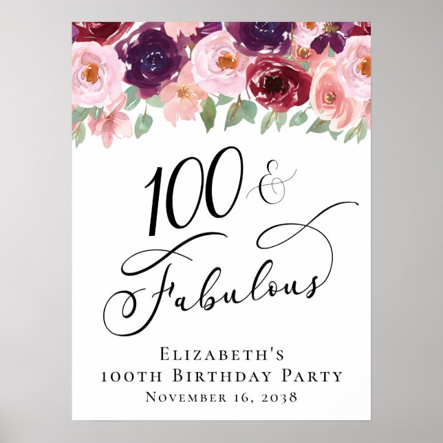 Affiche Fête élégante de 100 ans avec des fleurs (Devant)