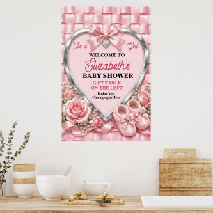 Affiche Fête Élégante de Bébé Fille au Ruban Rose