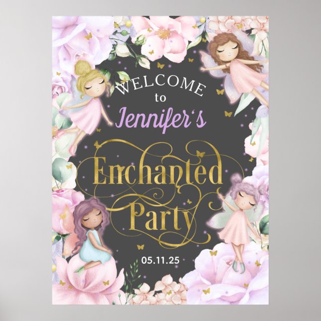 Affiche Fête enchantée Fée thème fille anniversaire bienve (Devant)