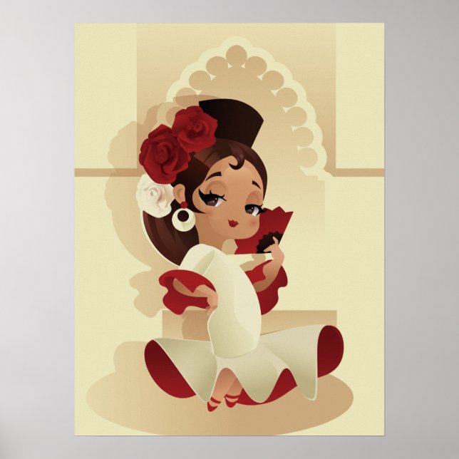 Affiche Fête espagnole de flamenco chibi dessin animé fill (Devant)