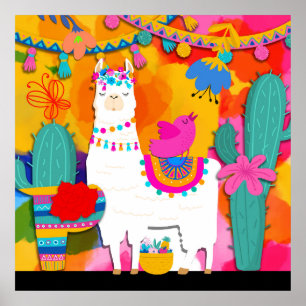 Affiche Fête Llama Cinco De Mayo Colorful Fun Aquarelle