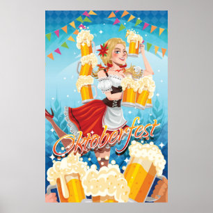 Affiche Fête Oktoberfest Maid en rouge avec des bières