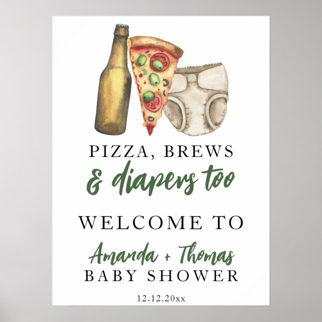 Affiche Fête prénatale Pizza, Bières et Couches aussi (Devant)