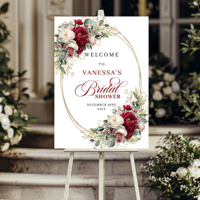 Affiche Fête prénuptiale avec du blanc de Bourgogne, des f (Burgundy white floral gold greenery bridal shower welcome

)