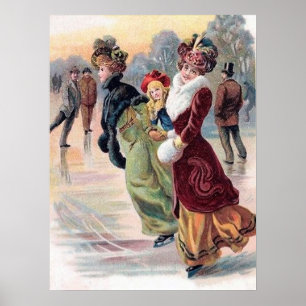 Affiche fête vintage dames de patinage de Noël