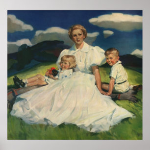 Affiche Fête vintage des mères, maman avec enfants