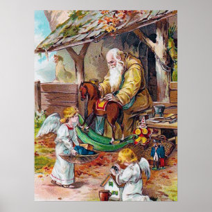 Affiche fête vintage Noël Père Noël Angels