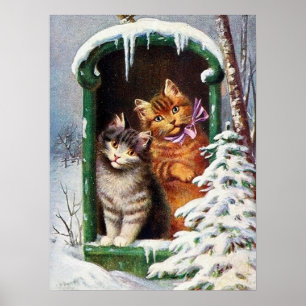 Affiche fêter vintage Noël chats vacances