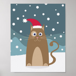 Affiche Fêtes de Noël d'hiver père Noël chat animal de com