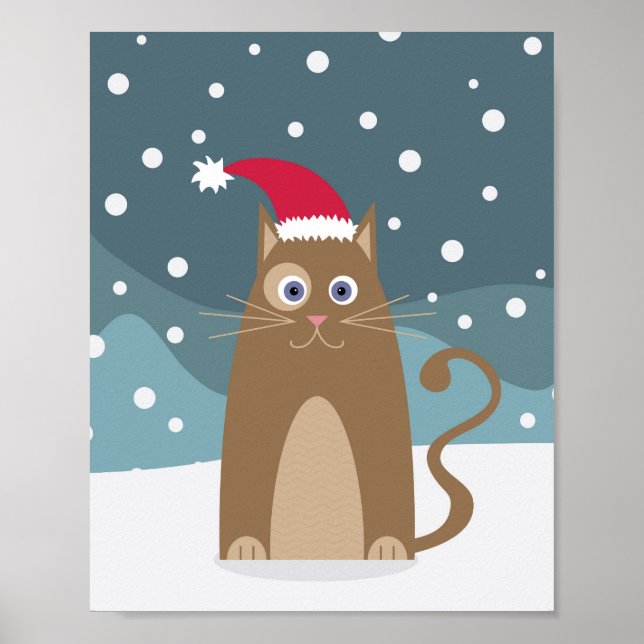 Affiche Fêtes de Noël d'hiver père Noël chat animal de com (Devant)