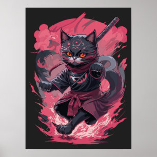 Affiche Feu cool et fumée Noir Ninja Chat Guerrier