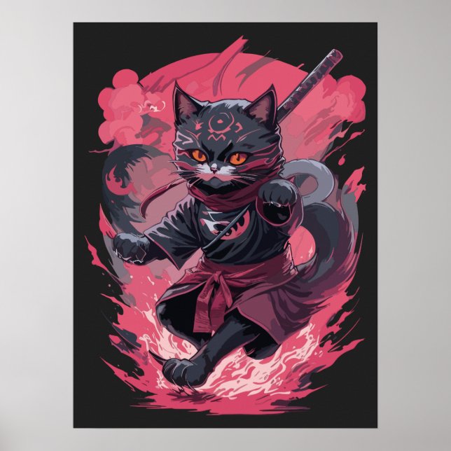 Affiche Feu cool et fumée Noir Ninja Chat Guerrier (Devant)