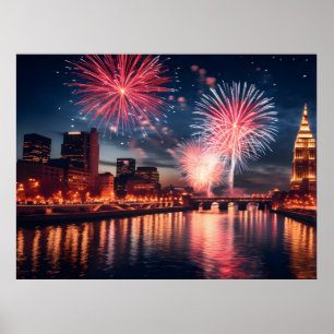 Affiche Feu d'artifice dans la ville de nuit