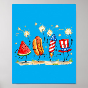 Affiche Feu d'artifice de hot-dog de pastèque patriotique 