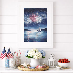 Affiche Feu d'artifice du 4 juillet sur un voilier - Œuvre