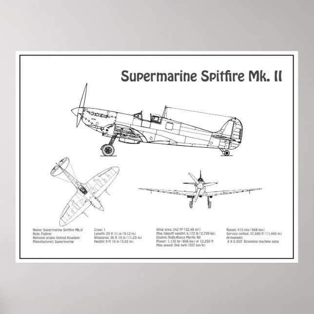 Affiche Feu Spitfire Supermarine - Plan d'avion BD (Devant)