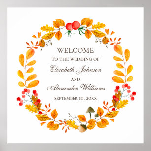 Affiche Feuillage à l'aquarelle. Bienvenue au mariage auto