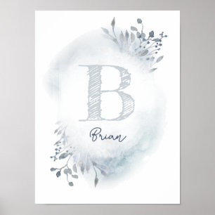 Affiche feuillage bleu poussiéreux prénom initial garçon