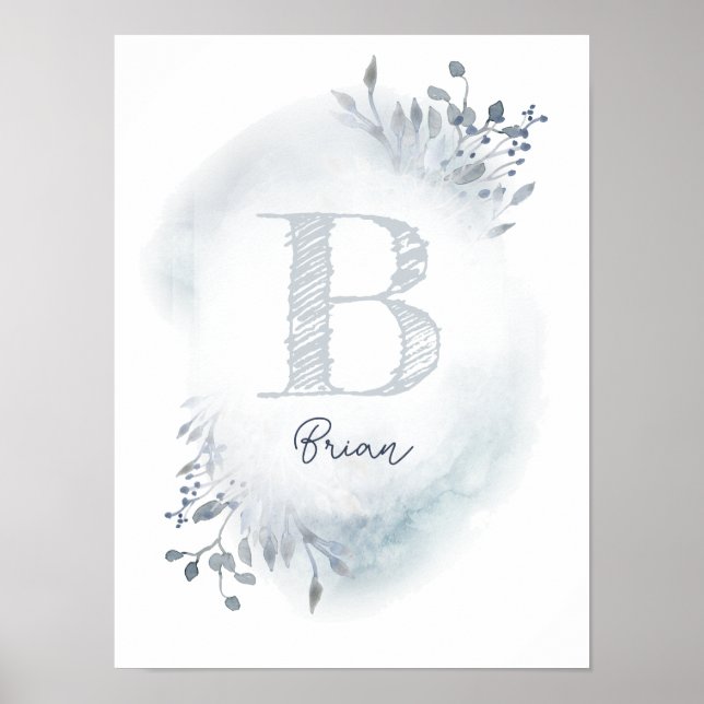 Affiche feuillage bleu poussiéreux prénom initial garçon (Devant)