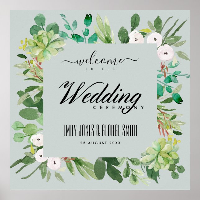Affiche FEUILLAGE DE COURONNE GRISE Aquarelle BIENVENUE DE (Devant)