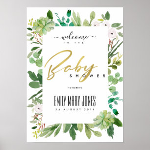 AFFICHE FEUILLAGE SUCCULENT AQUARELLE BIENVENUE BABY SHOWE
