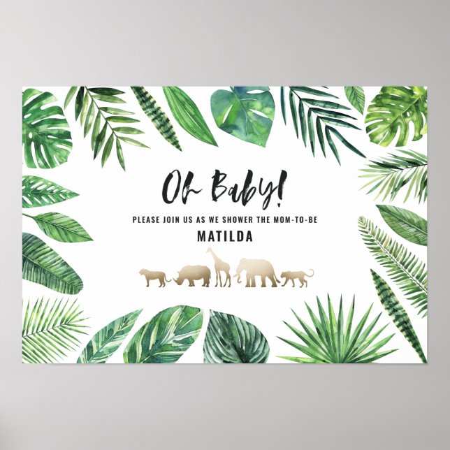 Affiche Feuillage tropical + animaux d'or baby shower (Devant)