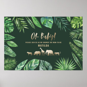 Affiche Feuillage tropical + animaux d'or baby shower