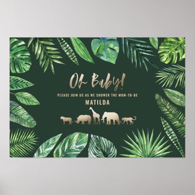 Affiche Feuillage tropical + animaux d'or baby shower (Devant)