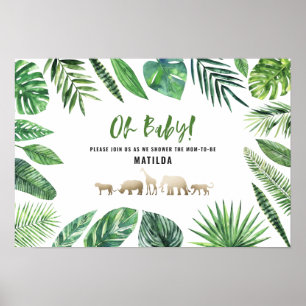 Affiche Feuillage tropical + animaux d'or baby shower