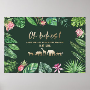 Affiche Feuillage tropical + baby shower jumeau d'animaux 