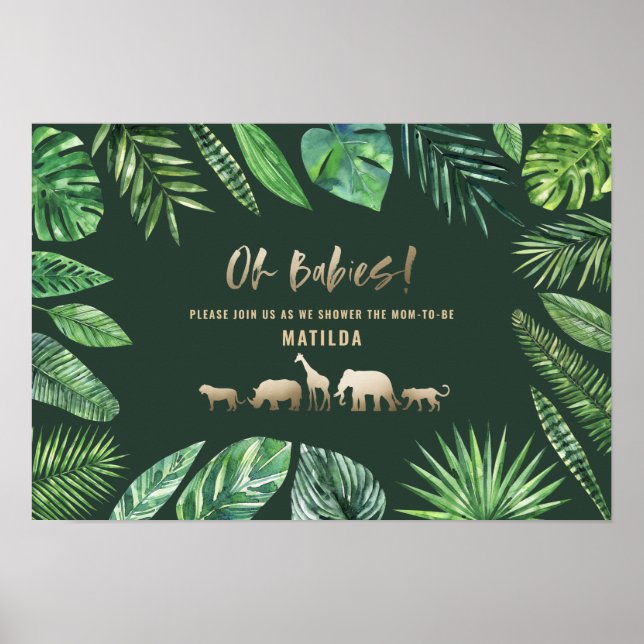 Affiche Feuillage tropical + baby shower jumeau d'animaux  (Devant)
