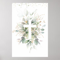 Feuillage verdure Croix Baptême de bébé 
