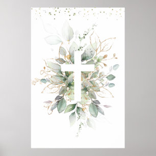 Affiche Feuillage verdure Croix Baptême de bébé