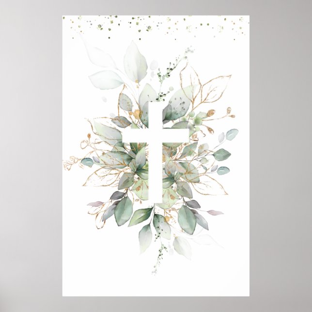 Affiche Feuillage verdure Croix Baptême de bébé  (Devant)