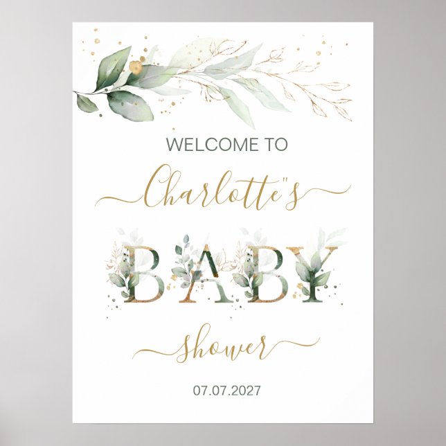 Affiche Feuillage vert et or Baby shower de bienvenue (Devant)