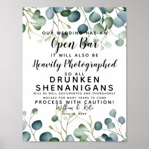Affiche feuillage vert Open Bar signe mariage eucalyptus