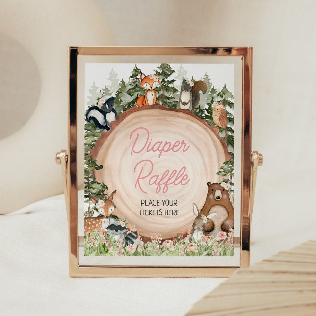Affiche Feuillards de bois Floral (Floral Woodland Animals Baby Shower Diaper Raffle Sign)