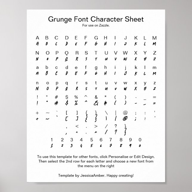 Affiche Feuille de caractères Grunge Font pour Zazzle (Devant)
