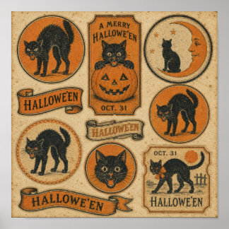 Affiche Feuille de chats noirs vintage Halloween