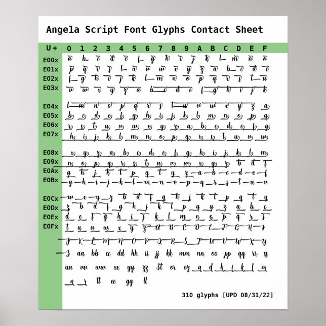 Affiche Feuille de contact Angela Script Font Glyphes (Devant)