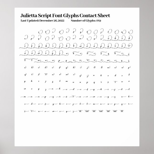 Affiche Feuille de contact des glyphes de police de script (Devant)