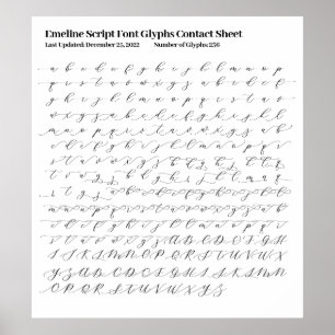 Affiche Feuille de contact Glyphes de police de script de