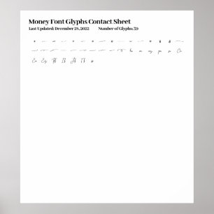 Affiche Feuille de contact Glyphes de police monétaire