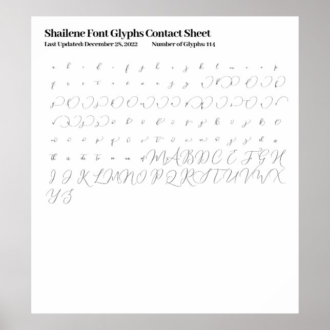 Affiche Feuille de contact Shailene Font Glyphes (Devant)