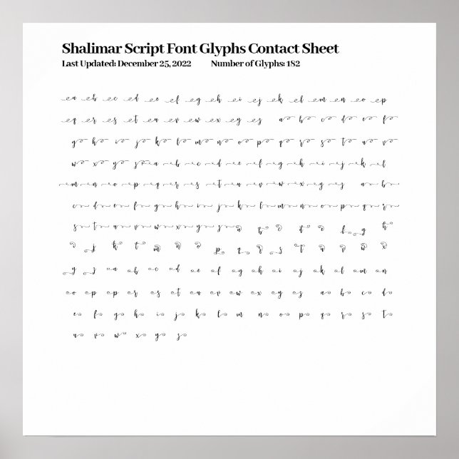 Affiche Feuille de contact Shalimar Script Police Glyphes (Devant)